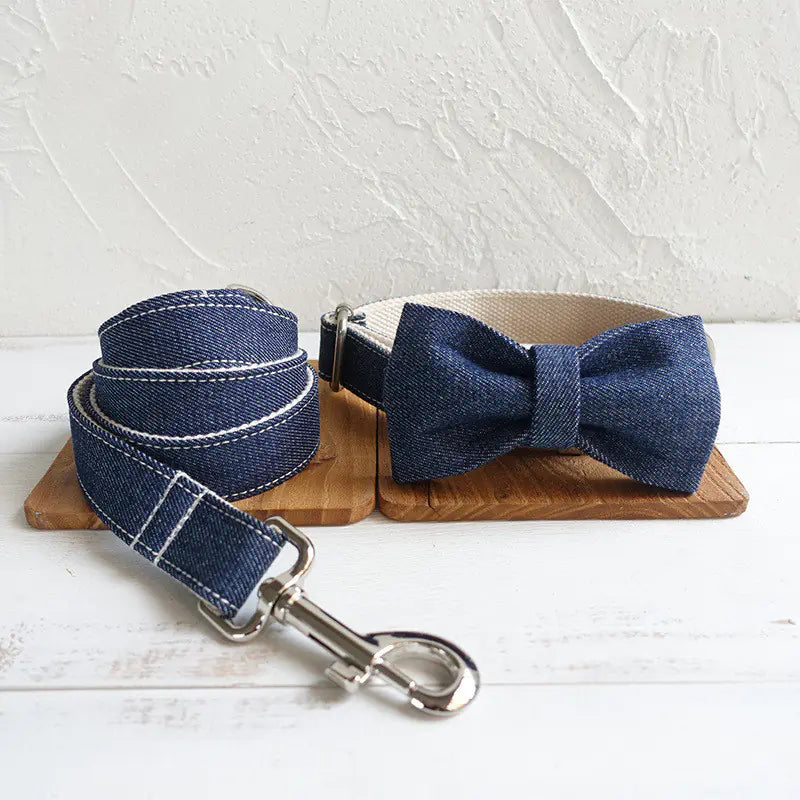 MUTTCO Adjustable Denim Dog Collar with Leash